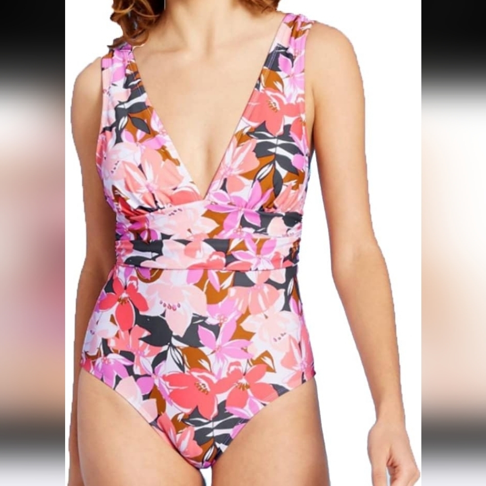 Kona Sol Tropical One Piece Swim Suit High Leg Covering L Nwot